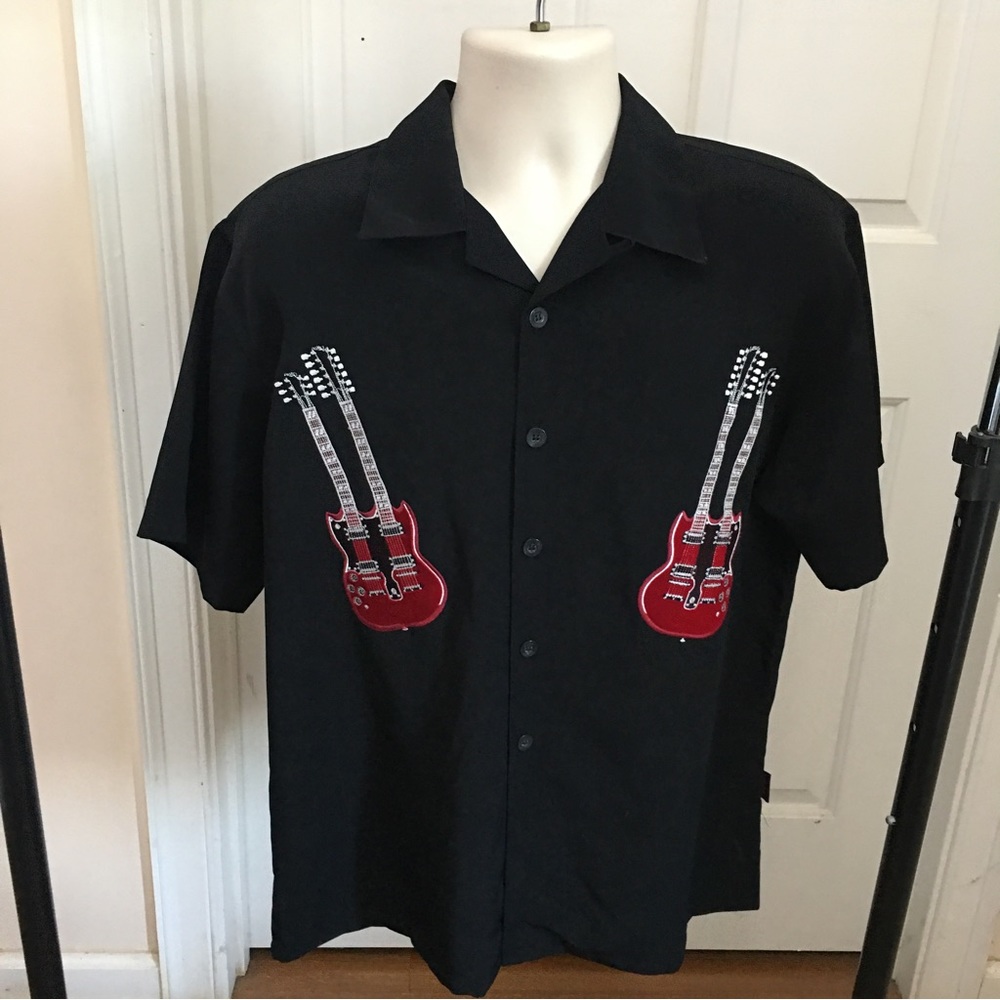 Vintage Dragonfly Gibson Tour Wear Button Up Shirt Sz M Embroidered Guitars